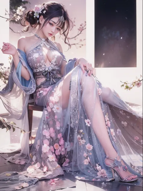 loose outfit、Show shoulders、Navel Ejection、How to wear a gown with a dark see-through halter neck broken、Decorated with intricate patterns and pastel colors、Transparent material that makes the skin shine、Artistic depiction of seductive woman in gown with w...