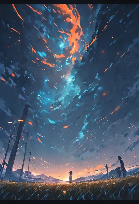 Meadows under dark night sky，Estilo de Makoto Shinkai