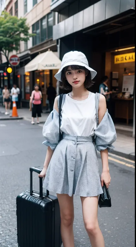 teens girl，Photography enthusiasts，bucket-hat，Camera in hand，（Suitcase），gentle and cute，short detailed hair，the city street