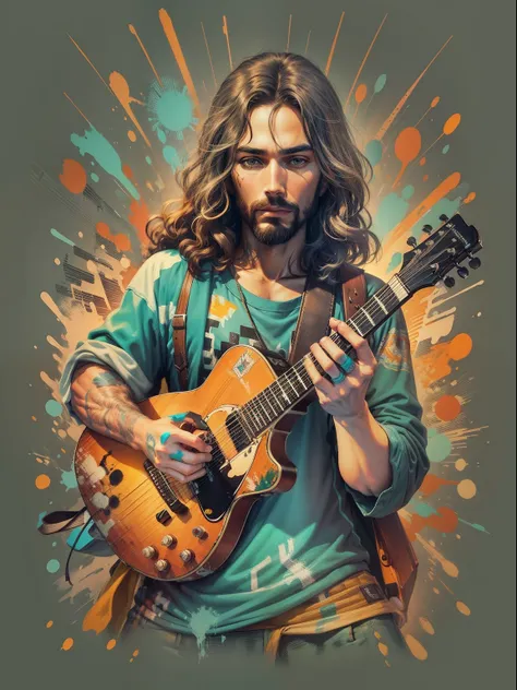 arte vetorial, Colorful graffiti illustration of a jesus holding guitar, cores brilhantes, High detail, fundo branco, estampa para camiseta, sem fundo.