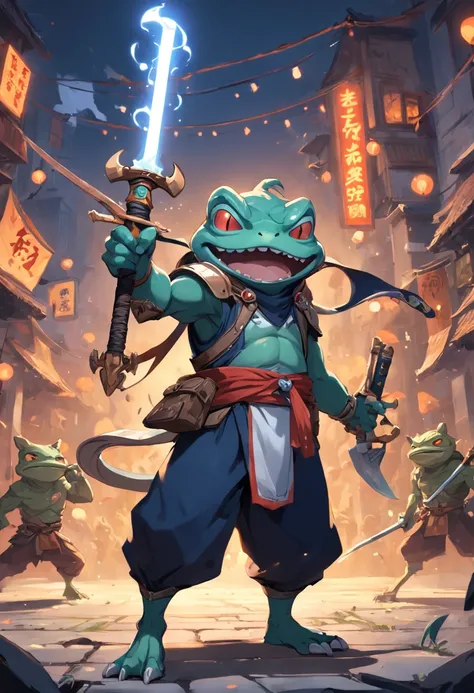 Rob Gonsalves/world of warcraft/Cuphead art style, vectorial, scribbles, Logo design, Anthropomorphic drawing of a frog man，1.0 wearing weapons， Wearing a ninja costume，Hold the dark device in your hand， Combat posture , In battle，Background Miyagi Hougang...