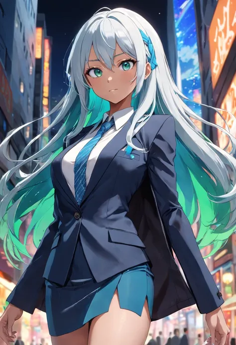 Full entire body of young Latina woman, black skin, perfect body, big blue eyes,  white collor hair,  very long and alive hair. dressed in business attire  suit  collored with  blue and green. looking at to the camera and smilling  . ultrarealistic -- long...