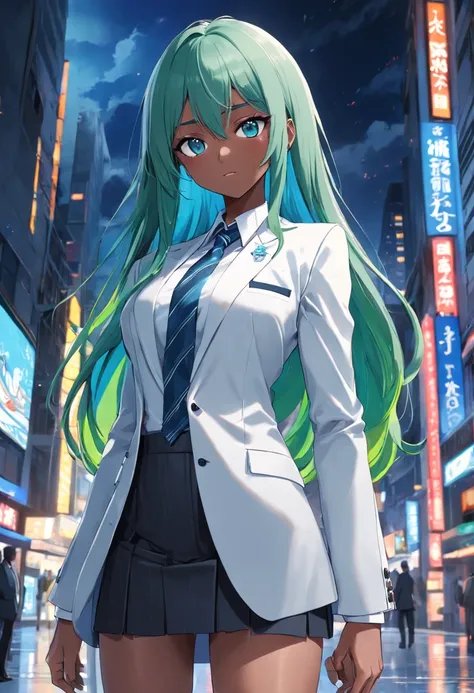 Full entire body of young Latina woman, black skin, perfect body, big blue eyes,  white collor hair,  very long and alive hair. dressed in business attire  suit  collored with  blue and green. looking at to the camera and smilling  . ultrarealistic -- long...