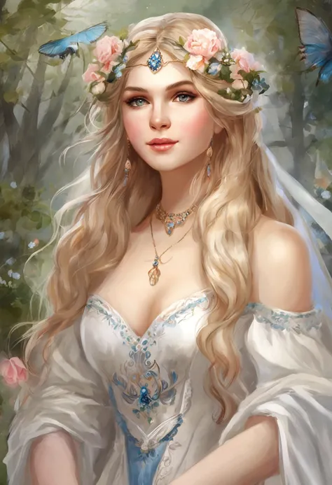 Fairy in the woods，hold a flower, princess portrait, Guviz-style artwork, blond-haired princess, portrait of princess, Guviz, Empress of France, portrait of a princess, portrait of princess zelda, in the art style of bowater, Baroque fluffy skirt，Fantasy a...