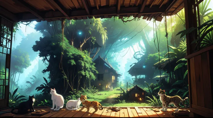 Many cats in different positions doing different things are living in an abandoned house in the middle of jungle, sunny day, volumetric lights, dynamic composition, intricate details, high definition, high resolution, panoramic view, anime style