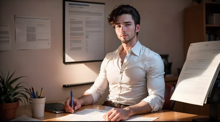 30 year old white western male, Sitting at a desk, looking at the camera