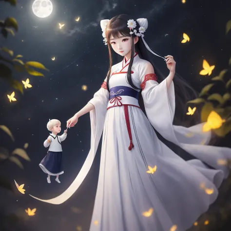 On a white moonlit night，The girl in white silk Hanfu holds a small fan of light Luo and flutters fireflies。