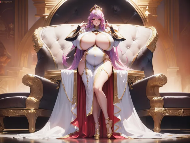 ((a beautiful fantasy empress)), divine render， (((full body shot shot)), ,(((huge boob)))，(((gigantic hip)))，(((Big breasts Thin waist)))，(((high-heels，High soled shoes )))，frontage，Pregnant women with， Huge belly，on her throne