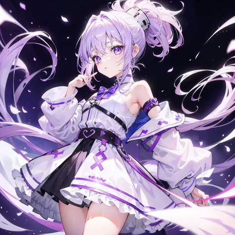 Lilac hair and ponytail，Milky white and bright light purple pupils and clothes，Petite figure，Very small, Sweet loli，Its a fluffy girl