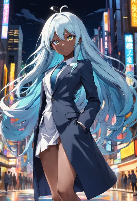 Full entire body of young  woman. black skin. afro. perfect body, big blue eyes.  white collor hair,  very long and alive hair. dressed in business attire  suit  collored with  blue, yellow and green looking at to the camera and smilling  . ultrarealistic ...