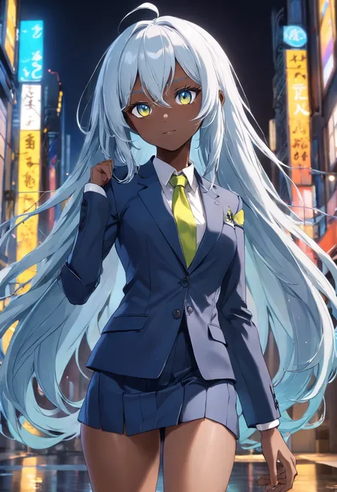 Full entire body of young  woman. black skin. afro. perfect body, big blue eyes.  white collor hair,  very long and alive hair. dressed in business attire  suit  collored with  blue, yellow and green looking at to the camera and smilling  . ultrarealistic ...