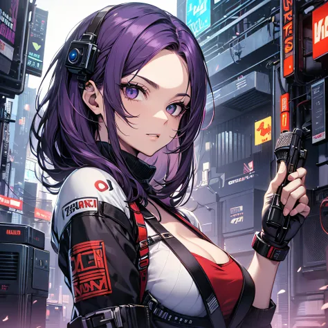 ((o melhor de sempre)), ((qualidade superior)), master part, cyberpunk, melhor qualidade, garota, cabelos roxo, corpo inteiro, roupas pretas, estilo anime, orelha de gato, fundo branco