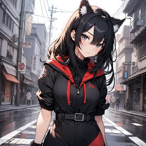 ((o melhor de sempre)), ((qualidade superior)), masterpiece, highres, best quality, girl, black hair, full body, modern black clothes, anime style, cat ear, white background