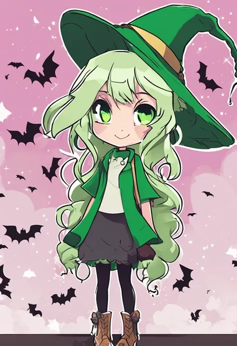 A 2D vector illustration of a cute anime girl Wicth Vibes Halloween with green eyes, unsettling wide grins, and a Halloween hat, surrounded by bats flying around in an outlined, white background