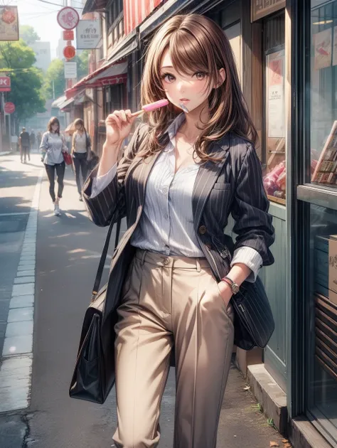 Best Quality, masutepiece, beautiful mature women、Beautiful face、Strong-minded woman、Office Suits、Brown pants、brown haired、Brown-eyed、Longhaire、Undersized eyes、Full body like、In front of the candy shop、outside of house、Eating popsicles