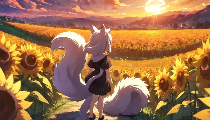 Big fluffy tail，And sunflower fields，suns