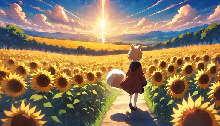 Big fluffy tail，And sunflower fields，suns