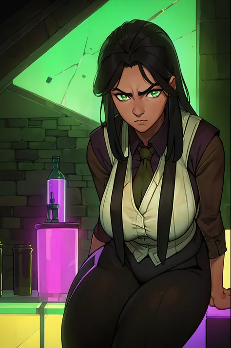 mature thicc female with dark brown long hair, has green eyes, wearing black business vest, wearing black business pants, sitting in bar, uv lights, unimpressed look on her face, owner