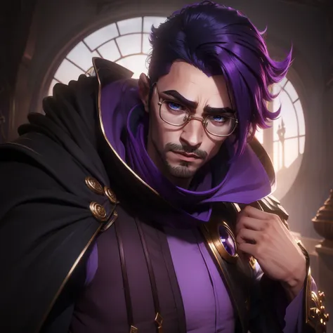 Homem de cabelo roxo, olhos roxo, eyeglass, cabelo longo espetado, roupa de mago roxo, cajado