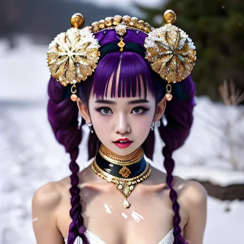 muddy ground after snow，32k（tmasterpiece，k hd，hyper hd，32k）purple-pink double ponytail，girl naked in gold body jewelry, highly d...