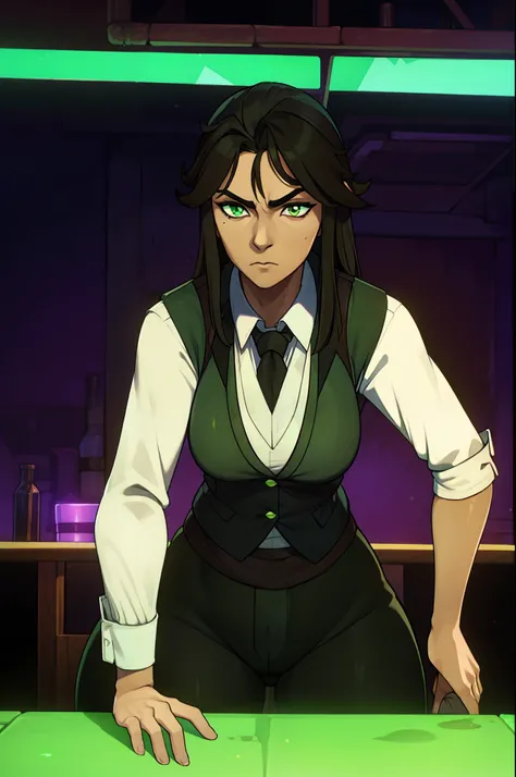 mature thicc female with dark brown long hair, has green eyes, wearing black business vest, wearing black business pants, sitting in bar, uv lights, unimpressed look on her face, owner, has crotch bulge