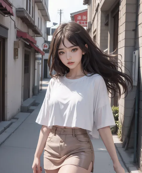 top-quality, intricately details, color difference, 1girl in, long whitr hair, brunette color hair, Unkempt hair, White highlights, red eyes, sharp eye, Oversized white T-shirt, Ultra mini skirt, pantie, cowboy lens, wind lift, (oversize T shirt: 1.2 inche...