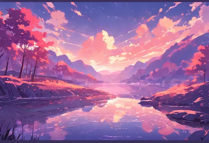 a purple landscape with mountains, trees and a river, in the style of serene seascapes, cartoon style, flat color style, vibrant illustrations, bright skies, calm river and sky, dark sky blue, orange and yellow