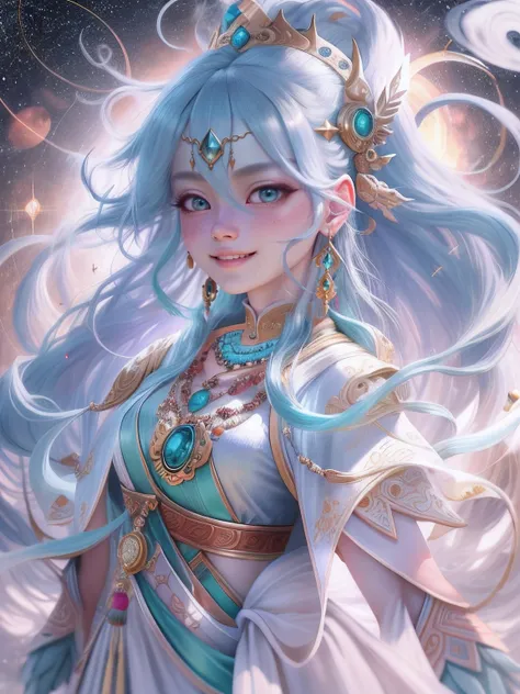 1girll, long whitr hair, Thangka legend, full body pov, whaite hair, hime-cut, crescent hair ornament, forehead jewel, bead necklace, Moles under eyes, aqua eyes, Crescent earrings, Smiling lips, neo-classical, Cinematic lighting, Sparkle, Motion blur, 360...