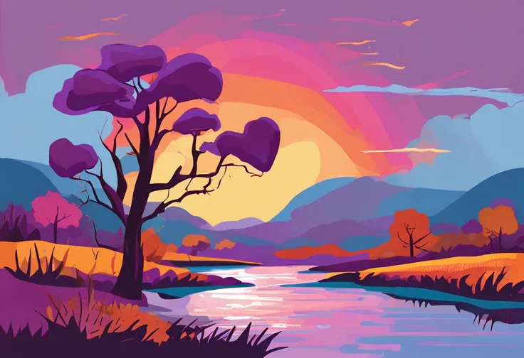 a purple landscape with mountains, trees and a river, in the style of serene seascapes, cartoon style, flat color style, vibrant illustrations, bright skies, calm river and sky, dark sky blue, orange and yellow