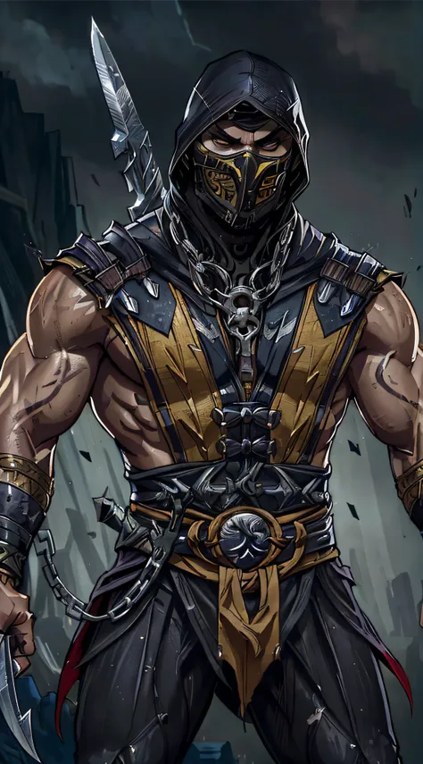 a photo of ((jason momoa)) as scorpion from mortal kombat, yellow and black ninja outfit, (skull-like mask), kunai on a chain, i...