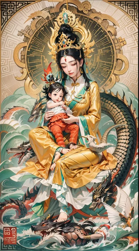 an ancient Chinese goddess, guanyin of the southern seas, Guanyin, Inspired by India, Avalokiteshvara rides a dragon，Holding a baby boy，baby, Little boy,（Black color hair），Crown on head，Send Zi Guanyin,Serene expression,shui mo hua,Buddha,Buddhist,Lotus,Ch...