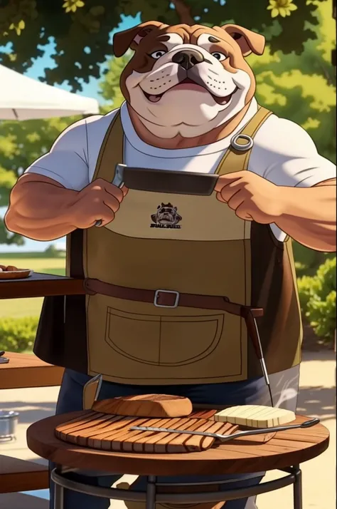 BULLDOG  DOING A BARBECUE, WEARS HIS APRON GRILL SPATULA AND IS SMILING, MUSCULAR SHOWS HIS HANDS,DETAILED DRAWING STYLE brazos musculosos solo un perro