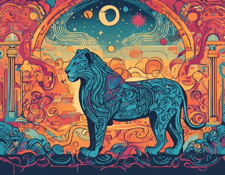 a lion with the sun, moon, planets and stars, in the style of bright colors, bold shapes, folk-inspired illustrations, bold chromaticity, ambiguous forms, toy-like proportions, sunprint, dignified poses