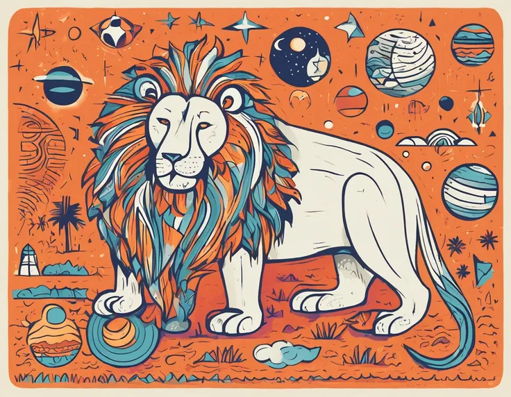 a lion with the sun, moon, planets and stars, in the style of bright colors, bold shapes, folk-inspired illustrations, bold chromaticity, ambiguous forms, toy-like proportions, sunprint, dignified poses