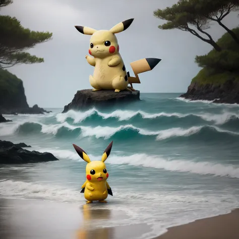 Pikachu by the sea, rainy days, beach