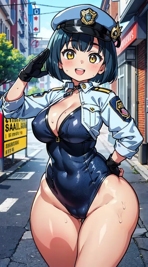 (Perfect body),Best Quality,(8K Portrait),(masuter piece)、(Official art),Police Woman、Police Hat、blush,Sweat,(((large udder)))、((Big ass))、(Navy blue leotard)、(Black hair),((bob cuts))、Yellow eyes,((thick thighs))、Adult Woman、Cowboy Shot、close legs、((((A s...