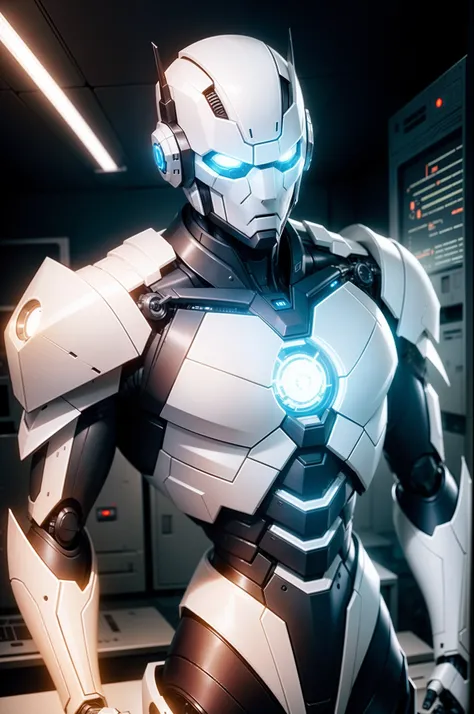 A handsome white cybernetic robot man in the Cybernetics lab