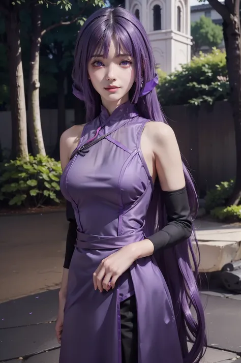 1girl, sumire in anime boruto, long hair, purple hair, purple eyes, smile, beautiful, sexy dress, sexy clothes, purple clothes, very big breast, realistic clothes, detail clothes, outdoor background, ultra detail, realistic