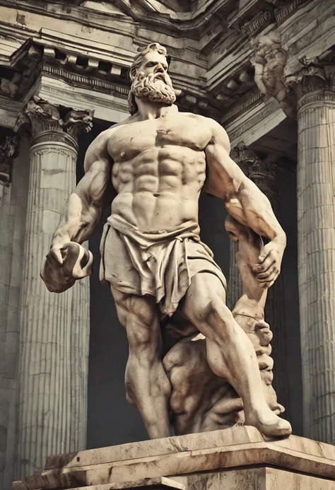 Theres a man in front of a building, portrait of demigod hercules, statue of hercules, statue of hercules looking angry, epic scene of zeus, Retrato de Zeus acidentado, Retrato pintado de Zeus acidentado, Mito grego pintura digital, greco roman statue, deu...