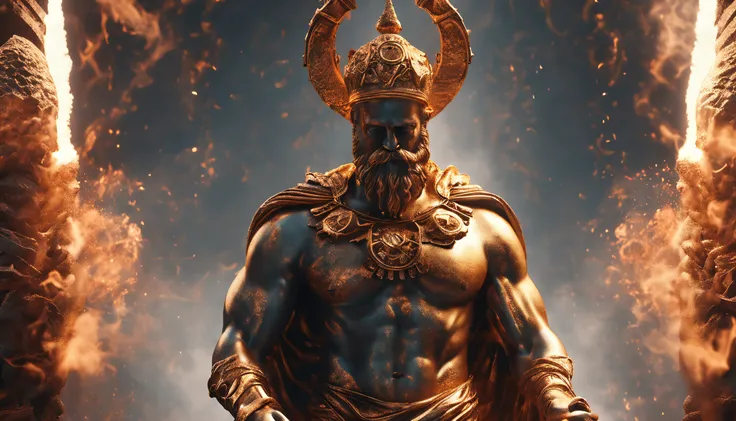 stoic greek statue, ((full body)), like gods Hercules, texture like shiny shiny metal mirrored brown color, 8k, cinematography, epic light and shadow image background colorful smoke.