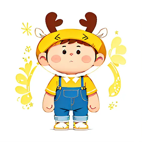 Add details，A high resolution，Full body like，A cartoon character of a boy dressed in a reindeer costume, 1boys, cute character, short antlers, Little boy with antlers, 2D, denim pant，Yellow T-shirt，com mascot, full body mascot, with a pure white background