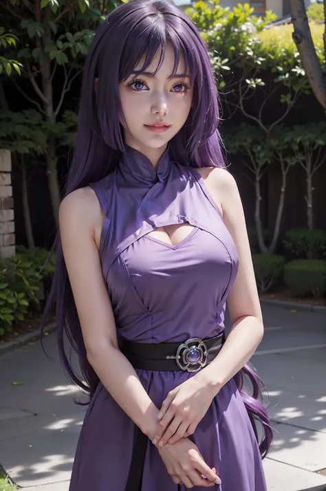 1girl, sumire in anime boruto, long hair, purple hair, purple eyes, smile, beautiful, sexy dress, sexy clothes, purple clothes, very big breast, realistic clothes, detail clothes, outdoor background, ultra detail, realistic