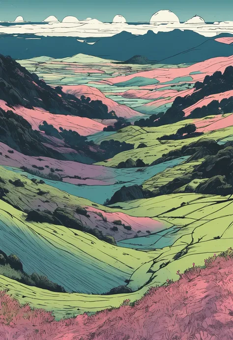 Layers of hillsides，Take up the whole picture，Blue and black color scheme，Moonlit hillside，serenity and calm，Fresh and natural，Large expanses of hillside turf，The hillside reaches from near and far to the sky，Estilo de Makoto Shinkai，scenecy，high qulity，Ta...