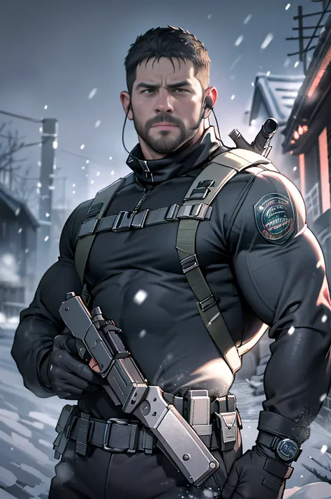 Dark gothic village in the background, old Chris Redfield from Resident Evil 8, 48 year old, muscular male, tall and hunk, biceps, abs, chest, all black cold turtleneck shirt, long sleeves, black trousers, shoulder holster, earpiece, belt, thick beard, col...