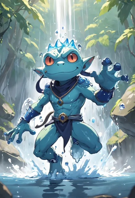 Rob Gonsalves/world of warcraft/Cuphead art style, vectorial, scribbles, Logo design, Anthropomorphic drawing of a frog man，1.0 Unleashes a water spell，Spit a jet of water， Wearing a ninja costume， Combat posture , In battle， simplistic design, RTX, hyper ...