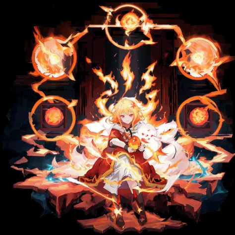 animemanga girl, holy fire spell art, style of duelyst, Official artwork, she has fire powers, Appears as the goddess of lightning, arcane art style, Lightning spells,, half invoker half megumin, firemage, holy flame spell, flame conjuring armored