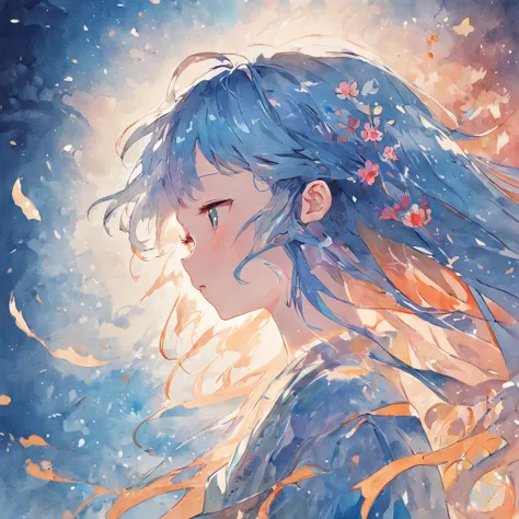 On White Background、The silhouette of a girls head emerges。She has her eyes closed.、Colorful long hair makes you feel oriental elements。This image, painted using a blue watercolor touch, is、It incorporates techniques such as Chinese illustration and paper ...