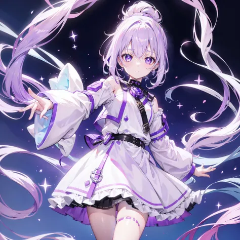 Lilac hair and ponytail，Milky white and bright light purple pupils and clothes，Petite figure，Very small, a sweet loli，Its a soft girl