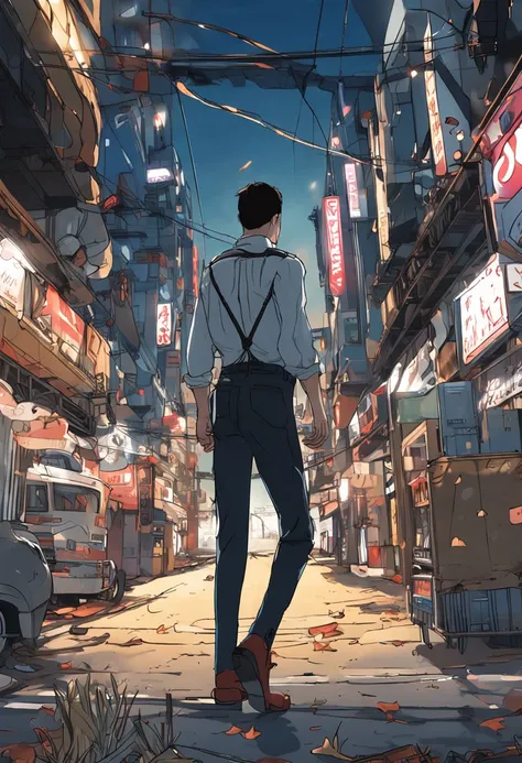 white tight t-shirt, Denim suspenders, standing on your feet:1.2), ((city night scene, the roof:1.3)), Highly detailed facial and skin texture, 詳細な目, 二重まぶた