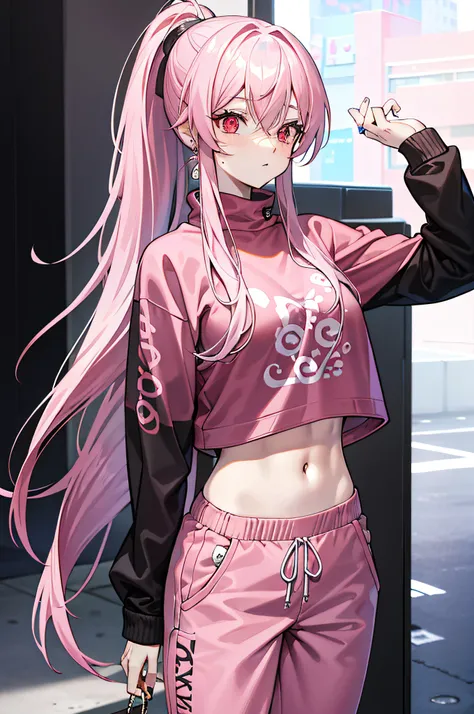 Long pink hair，High ponytail，Pink sweatshirt，Gray trousers，耳Nipple Ring，Red eyes